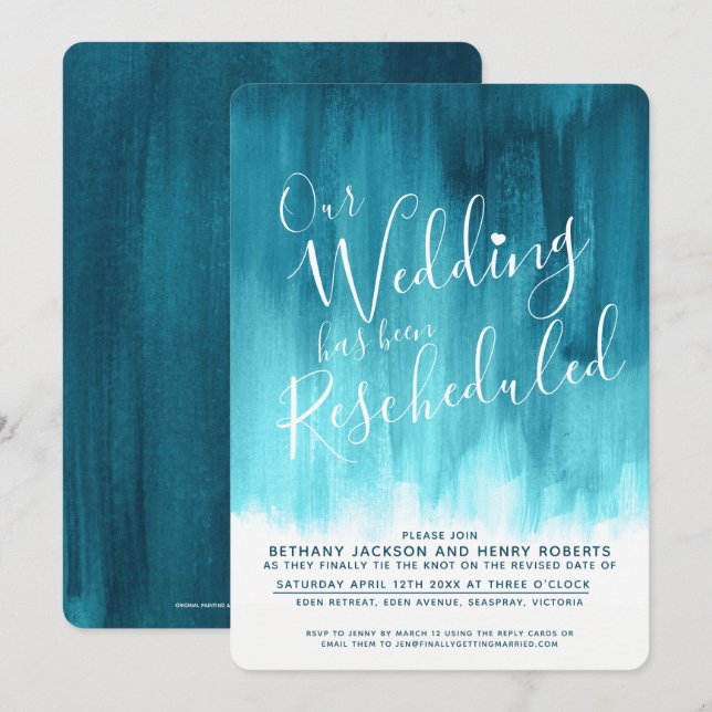 Invitation mariage reprogrammé turquoise aqua green art (Devant / Derrière)
