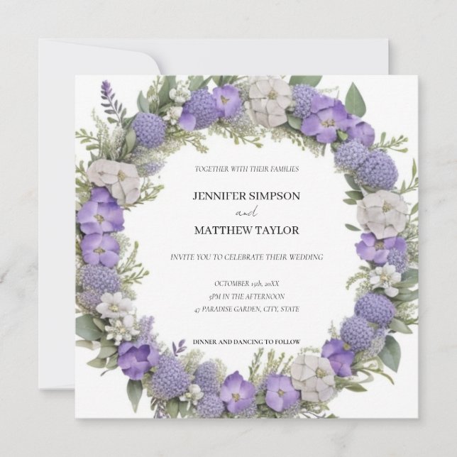 Invitation Mariage rétro Boho Floral Wreath en violet et blan (Devant)