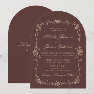 Invitation Mariage Rétro Brun Beige Chocolat Floral Arqué
