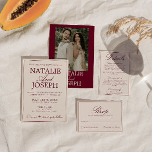 Invitation Mariage Rétro Élégant Crème Bourgogne Vieille Fort