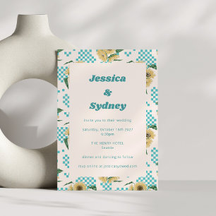 Invitation Mariage rétro en tableau de tournesol Turquoise