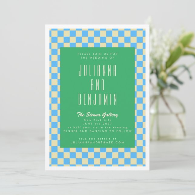 Invitation Mariage Retro Green et Blue Checkerboard (Debout devant)