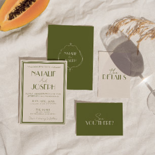Invitation Mariage Rétro Luxueux Vert Olive Argent Ancien Élé