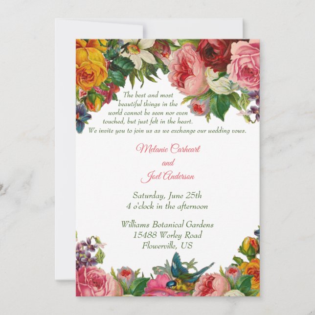 Invitation Mariage rétro romantique aux roses et au merlebleu (Devant)
