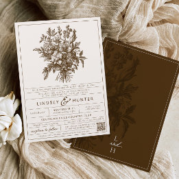 Invitation Mariage rétro romantique floral vintage brun ivoir
