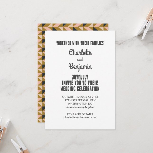 Invitation Mariage rétro super les années 70 Black Gold All-i (Devant/Arrière en situation)