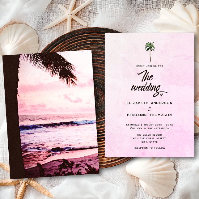 Invitation Mariage Retro Tropical Pink Palm Tree Beach Sunset (Créateur téléchargé)