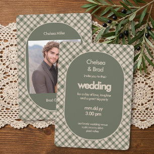 Invitation Mariage rétro vert sauge à carreaux avec photo