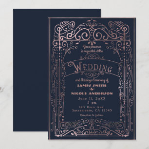 Invitation Mariage rétro victorien dans les tons bleu marine 