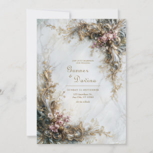 Invitation Mariage Rococo Fleur Rose Or Marbre Blanc