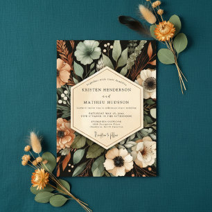Invitation Mariage Romance Automnal Fleur Vert Profond