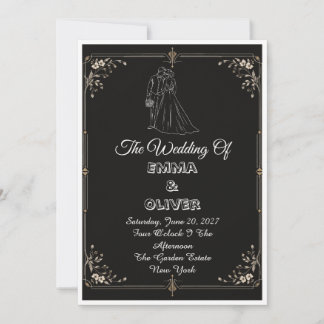 Invitation Mariage Romance Black Tie Élégant Noir Ivoire Or