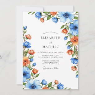 Invitation Mariage Romance Botanique Orange Bleu
