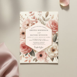 Invitation Mariage Romance Fleur de Rose Poussiéreuse