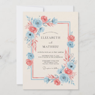 Invitation Mariage Romance Fleurie Bleu Corail