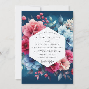 Invitation Mariage Romance Florale Bleu Profond