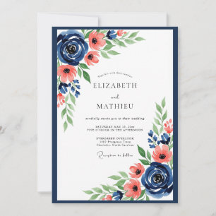 Invitation Mariage Romance Florale Corail Navy