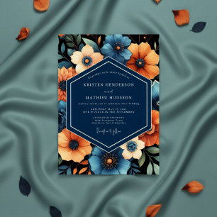 Invitation Mariage Romance Florale d'Automne Navy