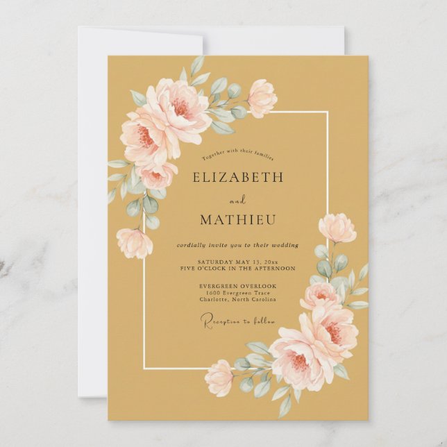 Invitation Mariage Romance Florale Délicate Ocre (Devant)