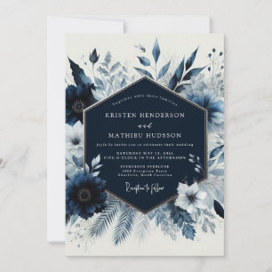 Invitation Mariage Romance Florale d'Hiver en Bleu Marine