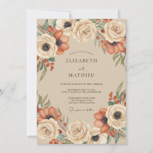Invitation Mariage Romance Florale en Terre Cuite Crème