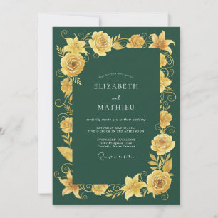Invitation Mariage Romance Florale Jaune Doré