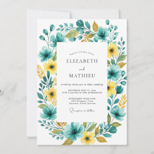 Invitation Mariage Romance Florale Jaune Turquoise