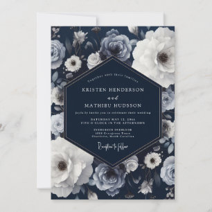 Invitation Mariage Romance Florale Navy