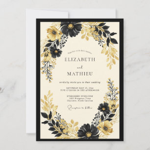 Invitation Mariage Romance Florale Or Noir