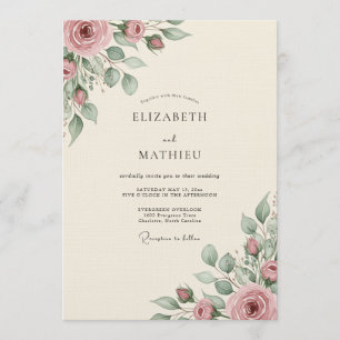 Invitation Mariage Romance Florale Rose Poussiéreuse