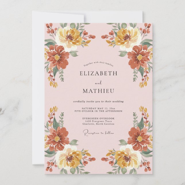 Invitation Mariage Romance Florale Rustique Ocre (Devant)