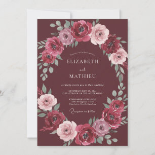 Invitation Mariage Romance Florale Tissée Bourgogne