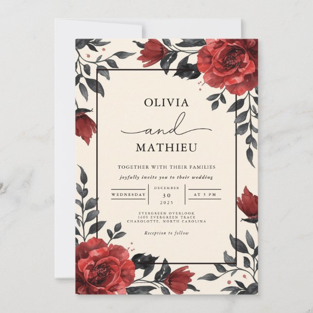 Invitation Mariage romantique à fleurs rouges profondes (Devant)
