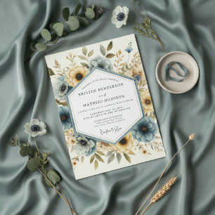 Invitation Mariage Romantique Anémone Bleu Poussiéreux