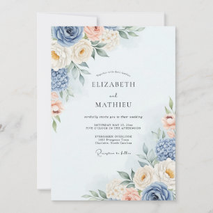 Invitation Mariage romantique aquarelle bleu poussiéreux