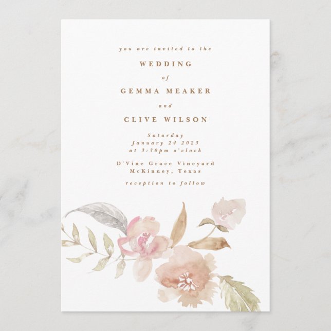 Invitation Mariage romantique aquarelle florale uni (Devant)