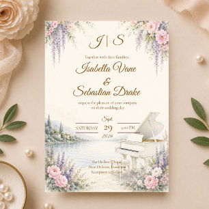 Invitation Mariage Romantique au Piano au Bord du Lac Luxueux