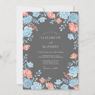 Invitation Mariage Romantique aux Fleurs Bleu Corail
