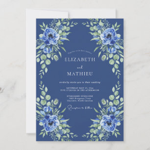 Invitation Mariage Romantique aux Fleurs Bleu Indigo