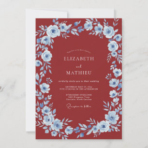 Invitation Mariage Romantique aux Fleurs Bleues et Cramoisi