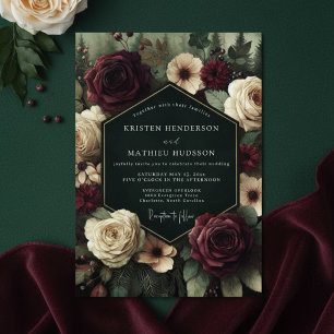 Invitation Mariage Romantique aux Fleurs de Bourgogne Profond