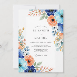 Invitation Mariage romantique aux fleurs de corail bleu