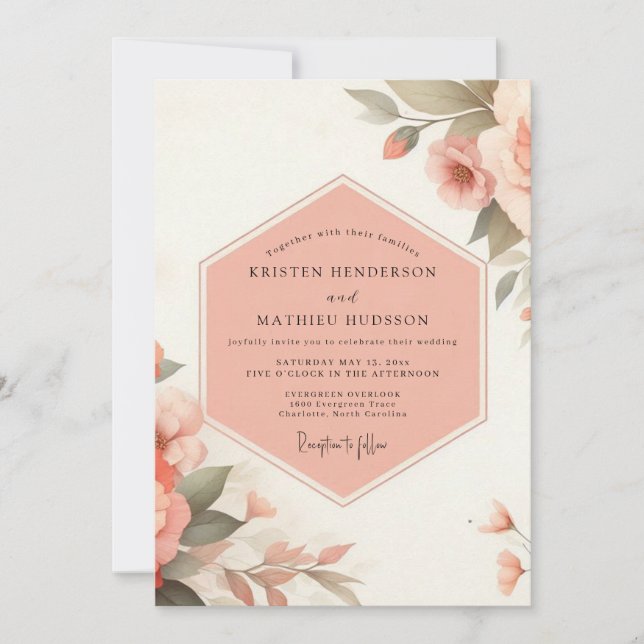 Invitation Mariage Romantique aux Fleurs de Pêche Pâle (Devant)