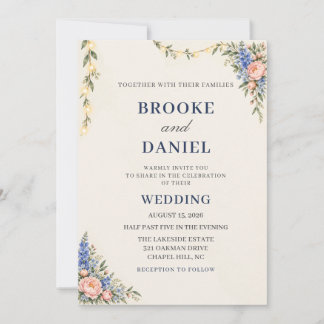Invitation Mariage romantique aux lumières florales bleues et