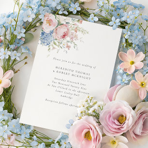 Invitation Mariage romantique bleu et rose pastel floral