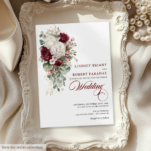 Invitation Mariage romantique Boho Bourgogne Rose blanche Inv