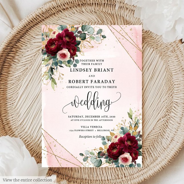 Invitation Mariage romantique Boho Maroon Gold Blush Fleurs (Romantic Boho Maroon Gold Blush Flowers Wedding Invitation )