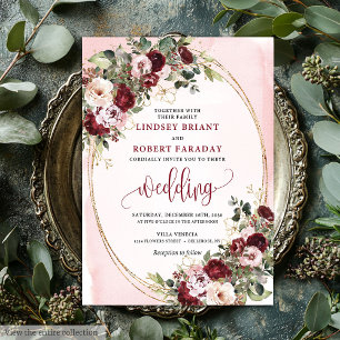 Invitation Mariage romantique Boho Marsala Blush Roses dorées