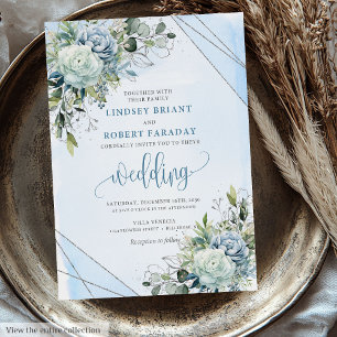 Invitation Mariage romantique Boho Pastel Blue Silver Peonies