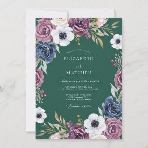 Invitation Mariage Romantique Botanique Bleu Prune